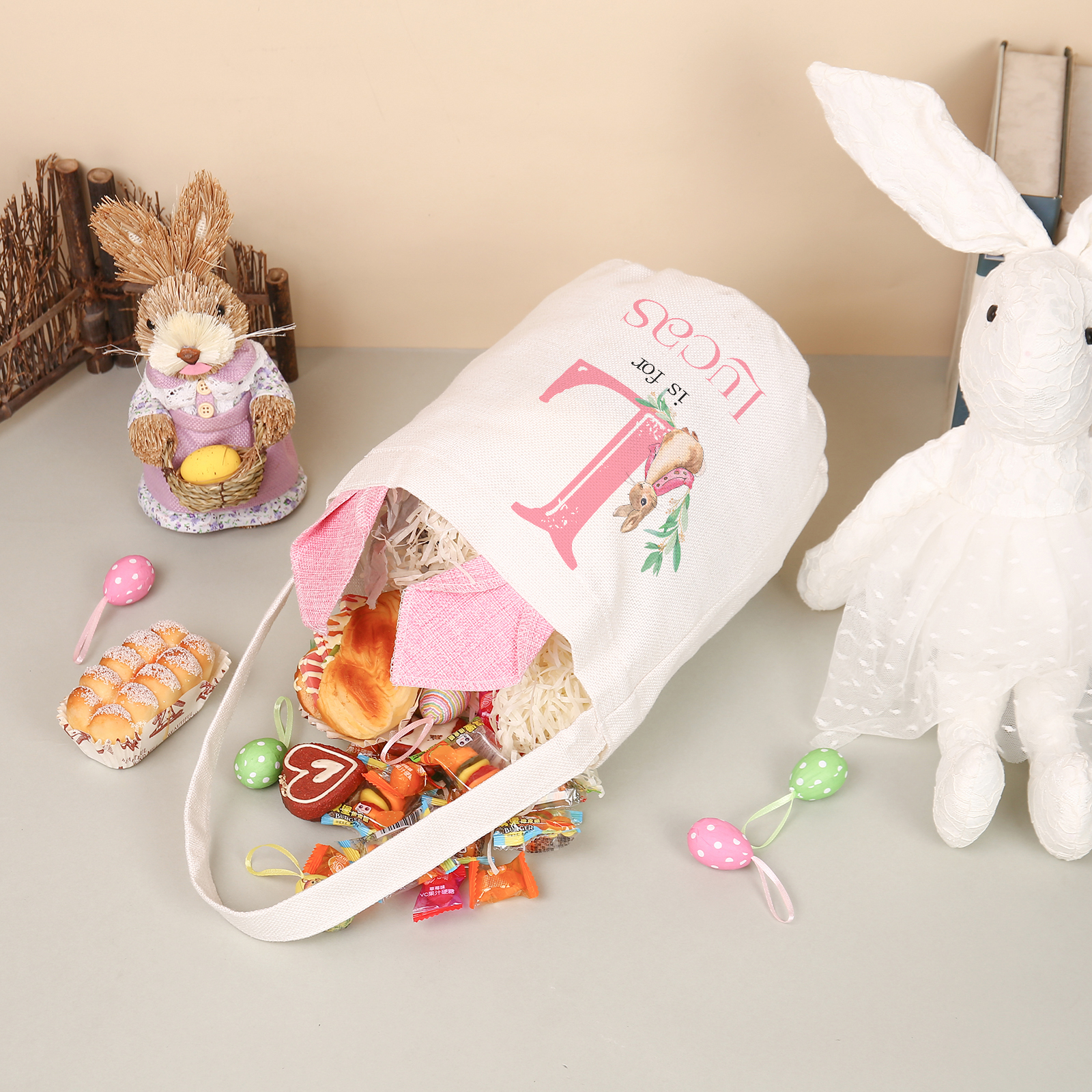Personalisierbarer 1 Buchstabe & Name Ostern Baumwolle Hase Tasche