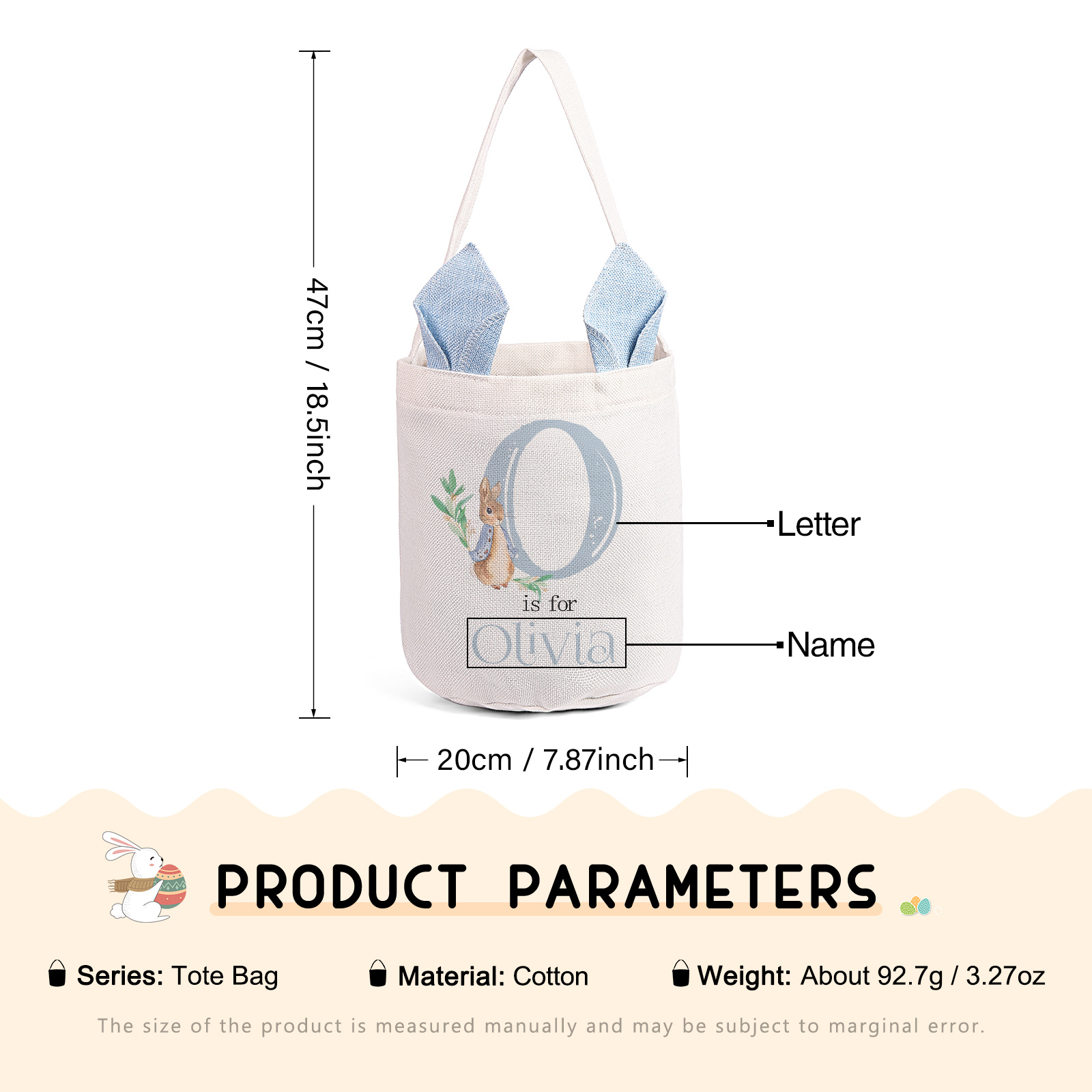 Personalisierbarer 1 Buchstabe & Name Ostern Baumwolle Hase Tasche