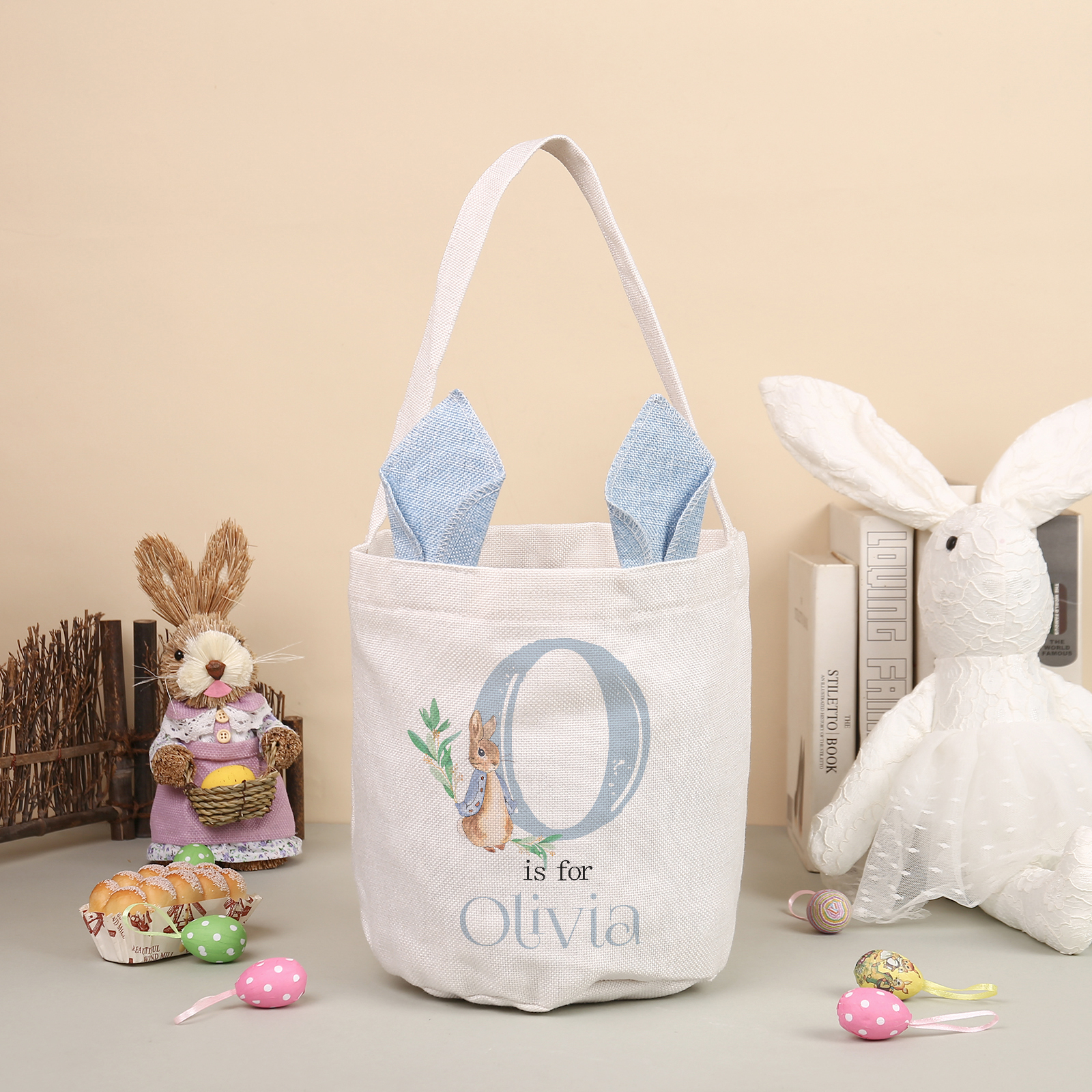 Personalisierbarer 1 Buchstabe & Name Ostern Baumwolle Hase Tasche