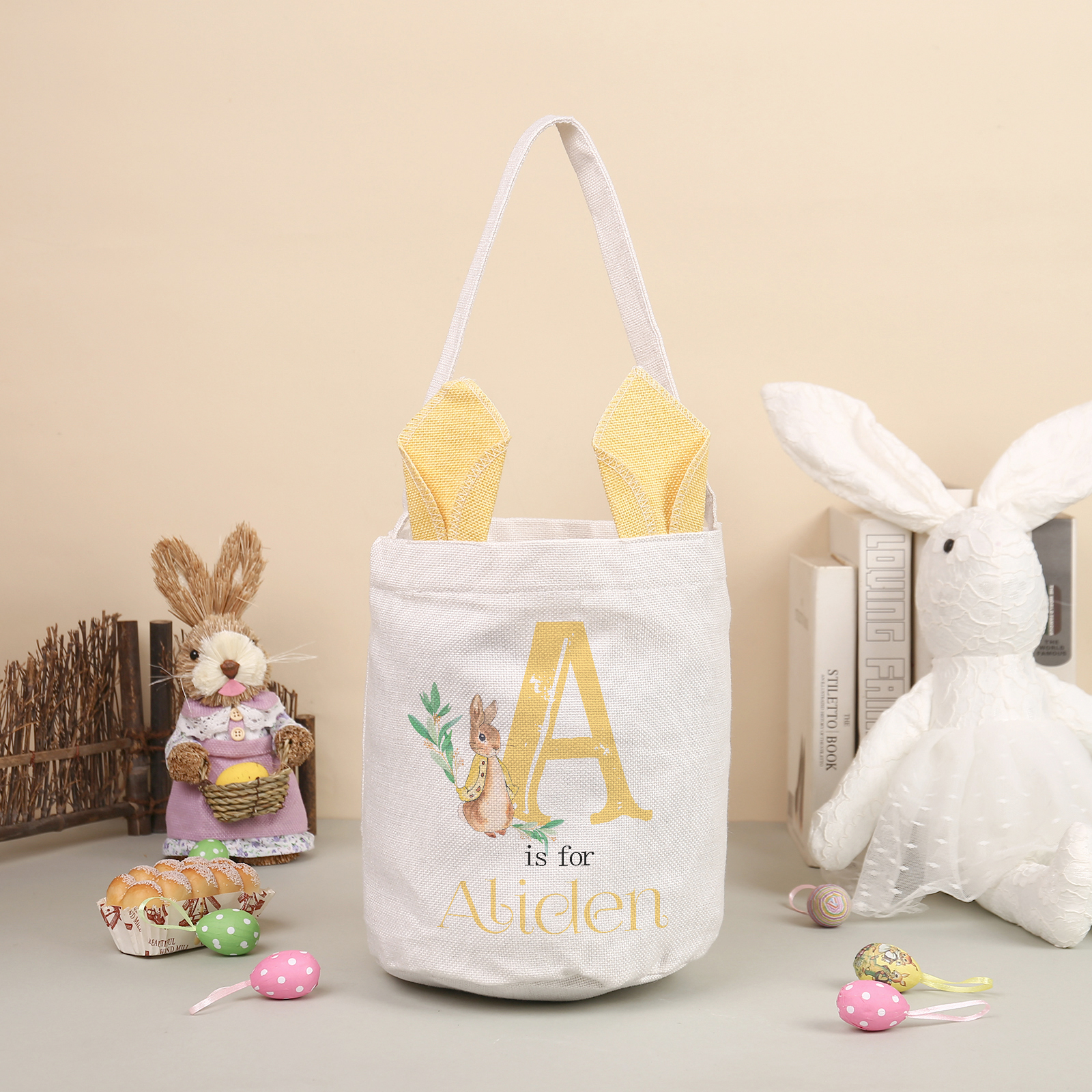 Personalisierbarer 1 Buchstabe & Name Ostern Baumwolle Hase Tasche