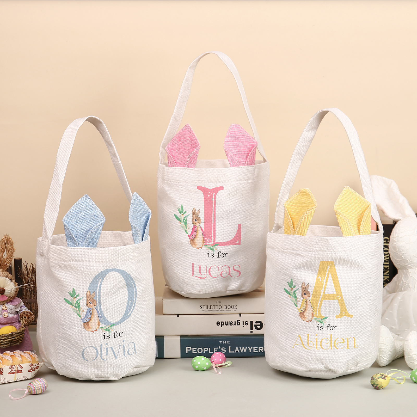 Personalisierbarer 1 Buchstabe & Name Ostern Baumwolle Hase Tasche
