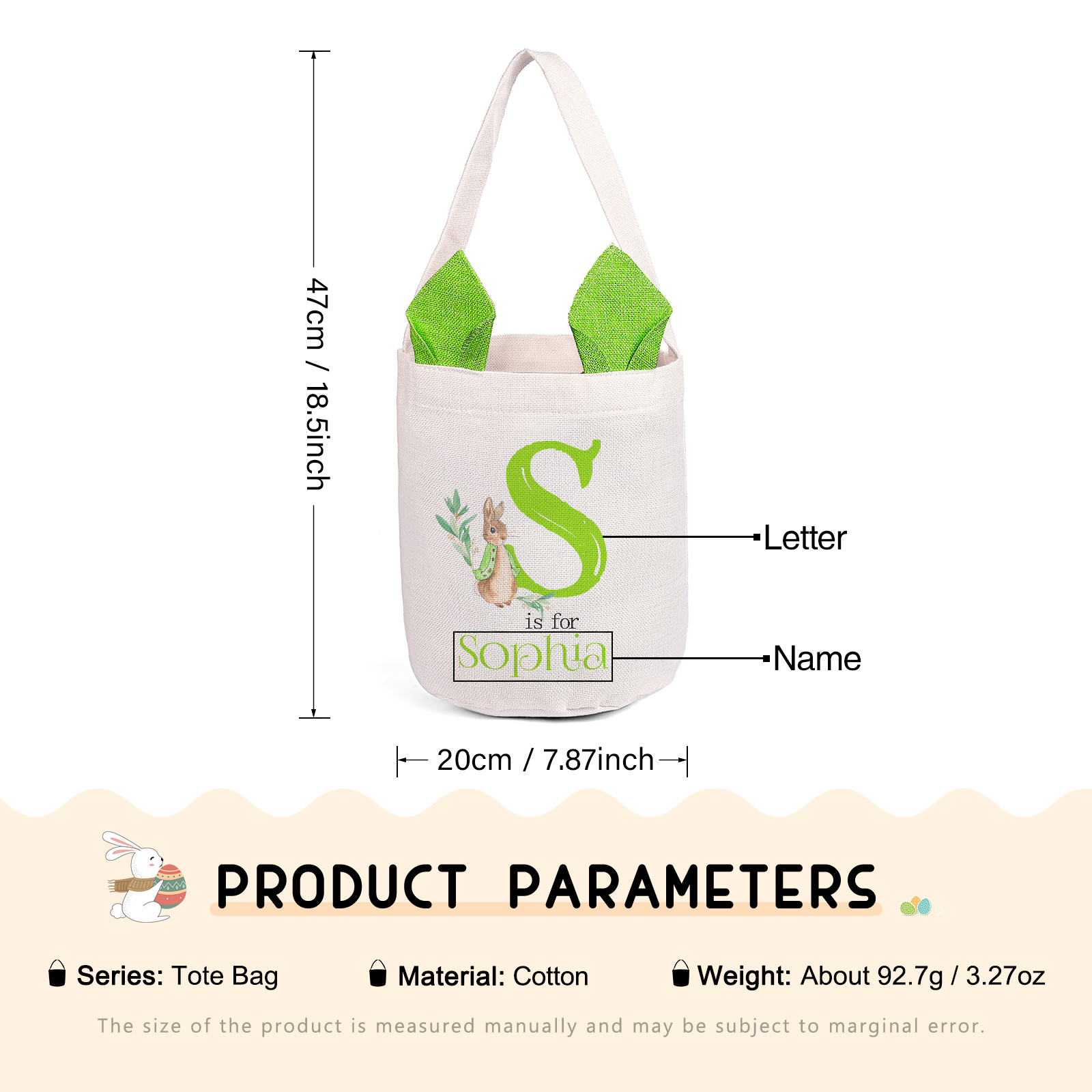Personalisierbarer 1 Buchstabe & Name Ostern Baumwolle Hase Tasche