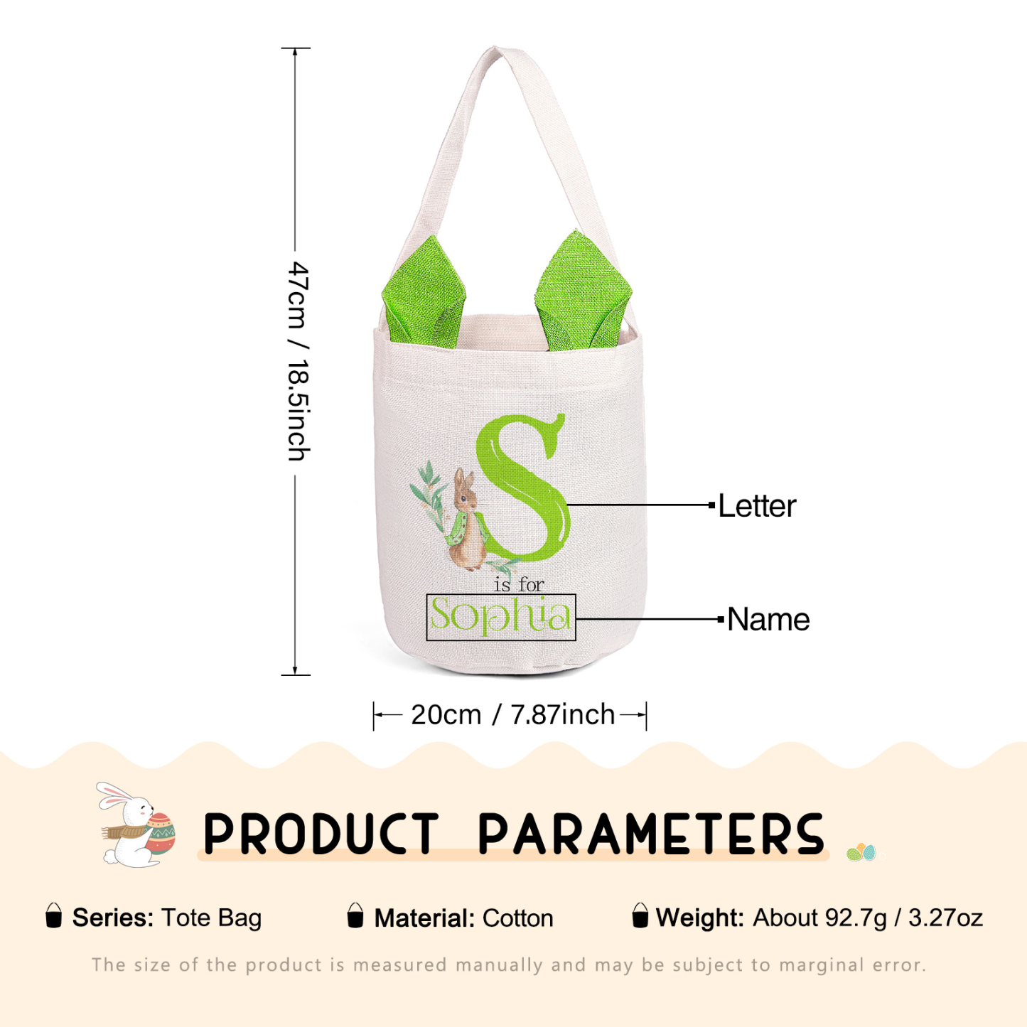 Personalisierbarer 1 Buchstabe & Name Ostern Baumwolle Hase Tasche