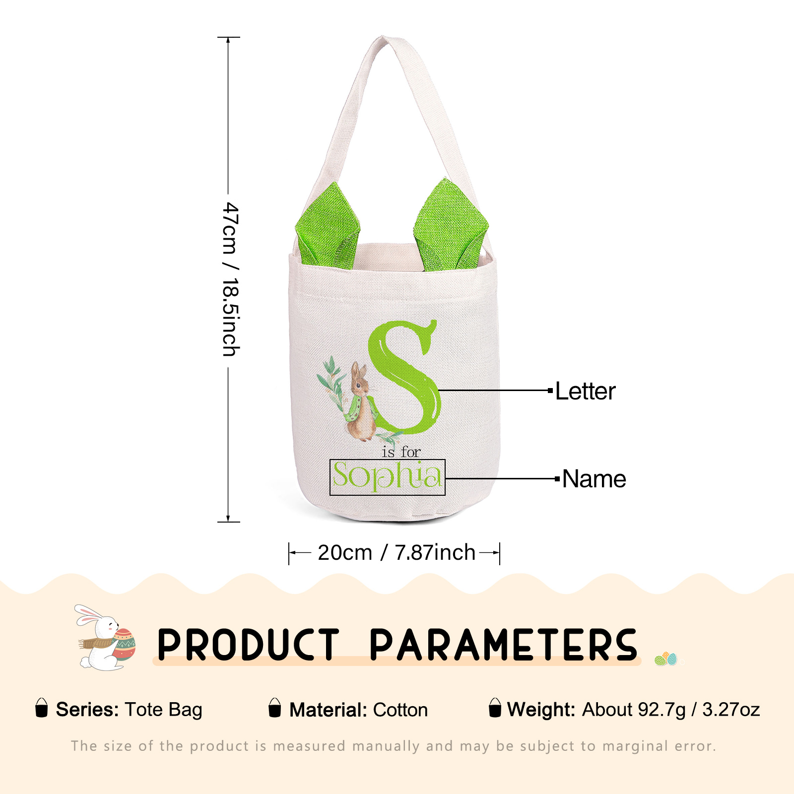 Personalisierbarer 1 Buchstabe & Name Ostern Baumwolle Hase Tasche