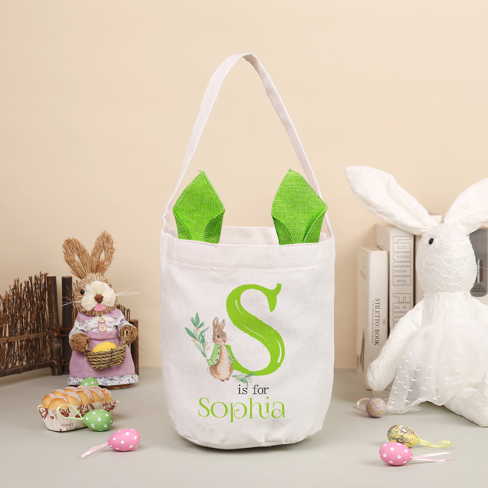 Personalisierbarer 1 Buchstabe & Name Ostern Baumwolle Hase Tasche