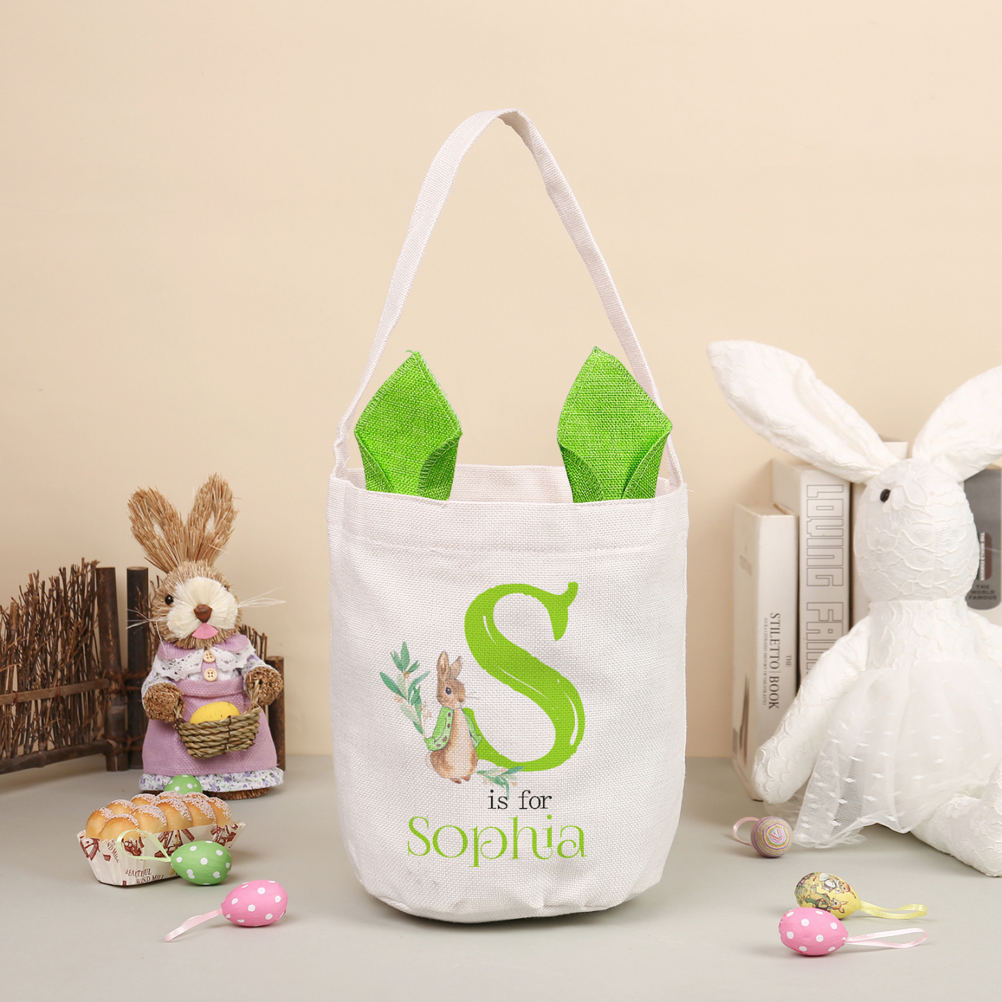 Personalisierbarer 1 Buchstabe & Name Ostern Baumwolle Hase Tasche