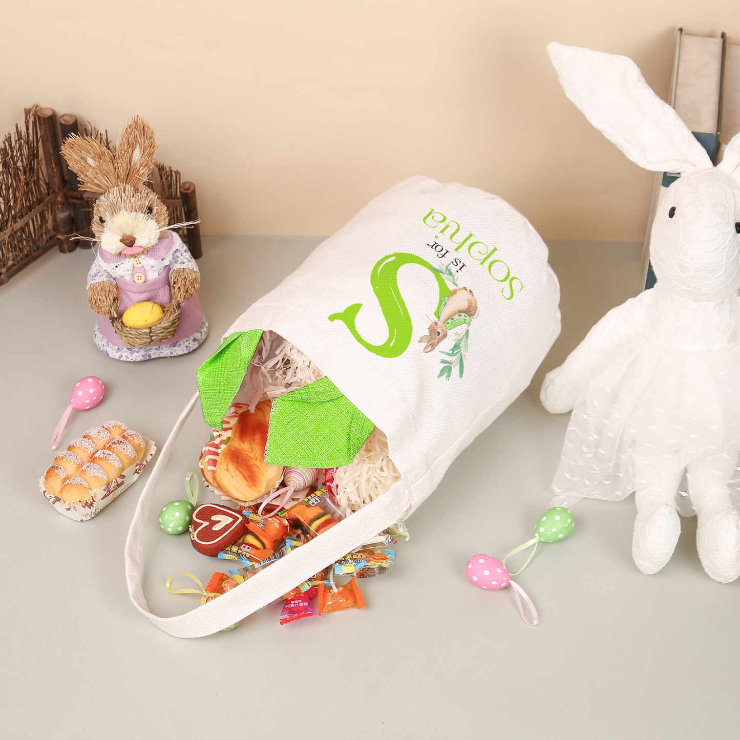 Personalisierbarer 1 Buchstabe & Name Ostern Baumwolle Hase Tasche