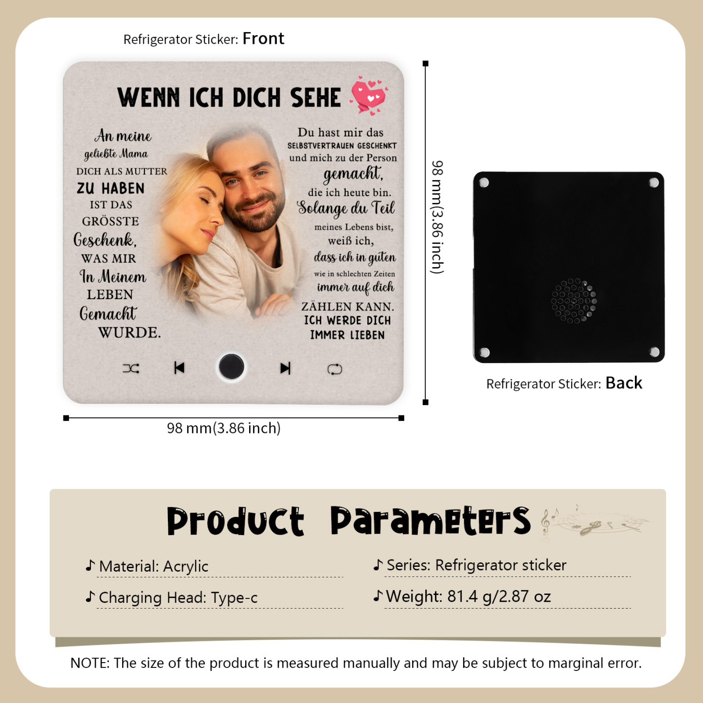 Personalisiertes Foto & Lied farbige Acryl-Holz Kühlschrankmagnet mit Musikfunktion