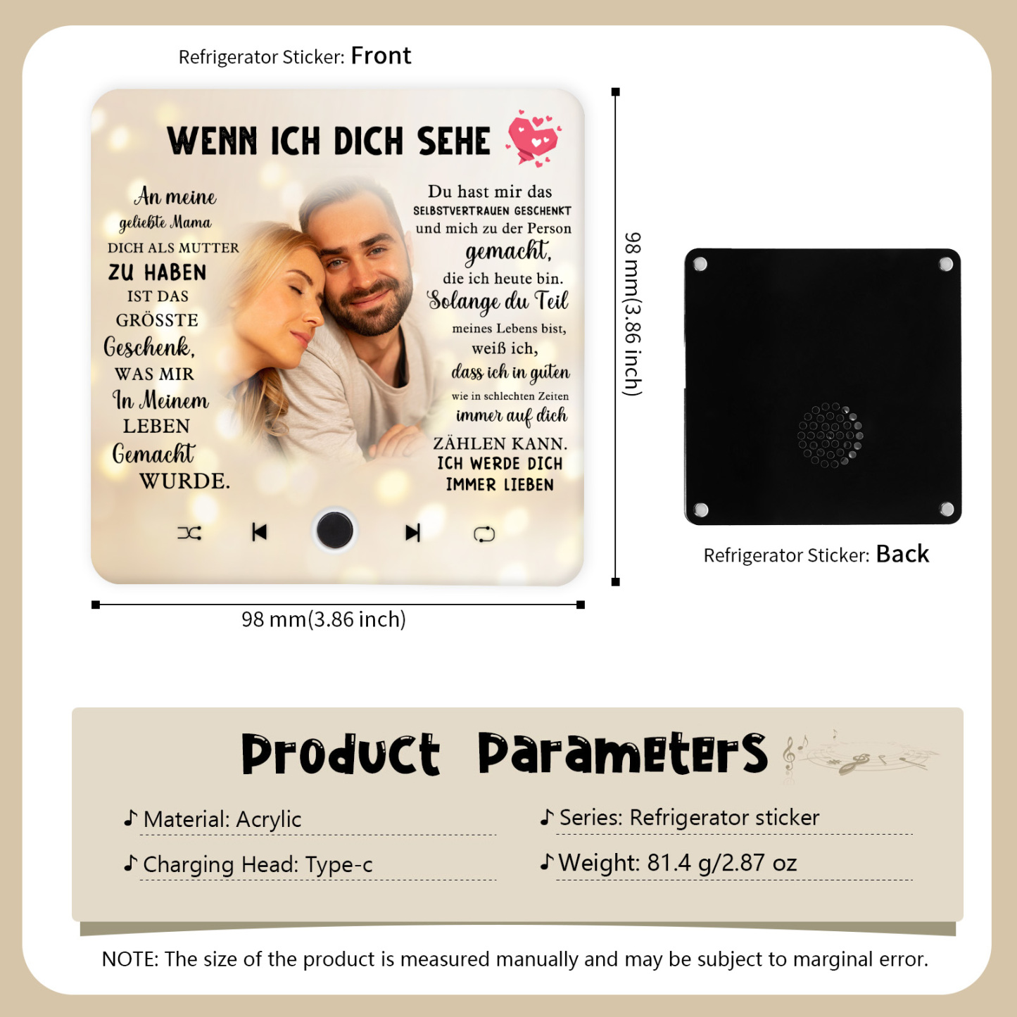 Personalisiertes Foto & Lied farbige Acryl-Holz Kühlschrankmagnet mit Musikfunktion