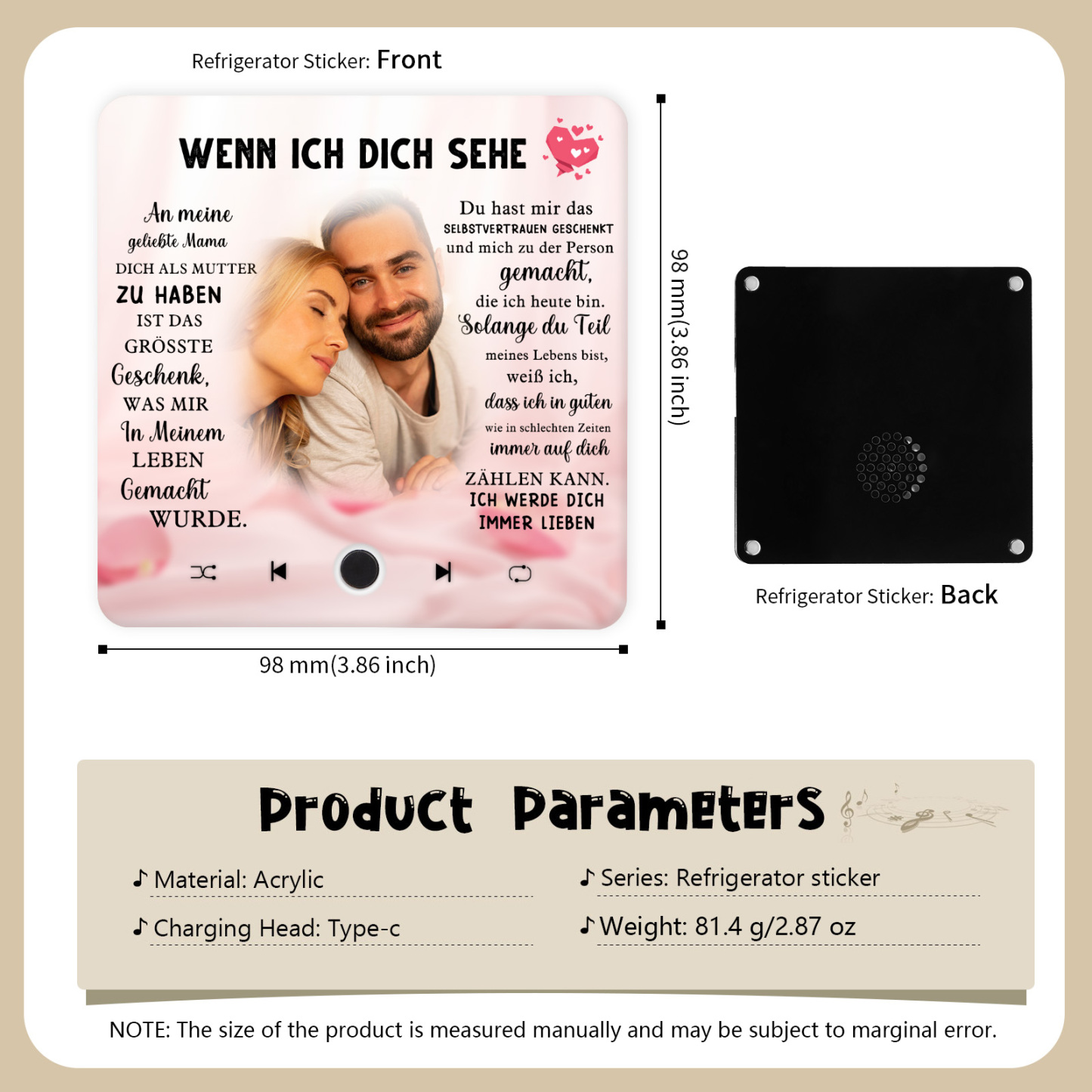 Personalisiertes Foto & Lied farbige Acryl-Holz Kühlschrankmagnet mit Musikfunktion