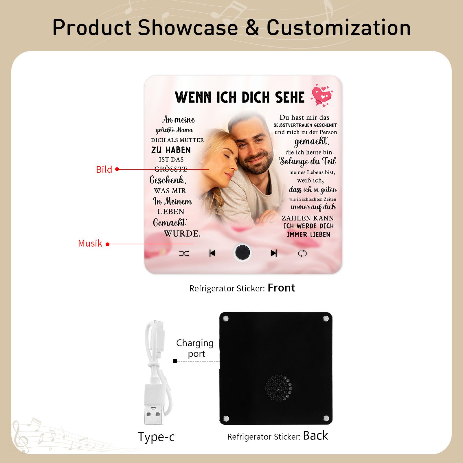 Personalisiertes Foto & Lied farbige Acryl-Holz Kühlschrankmagnet mit Musikfunktion