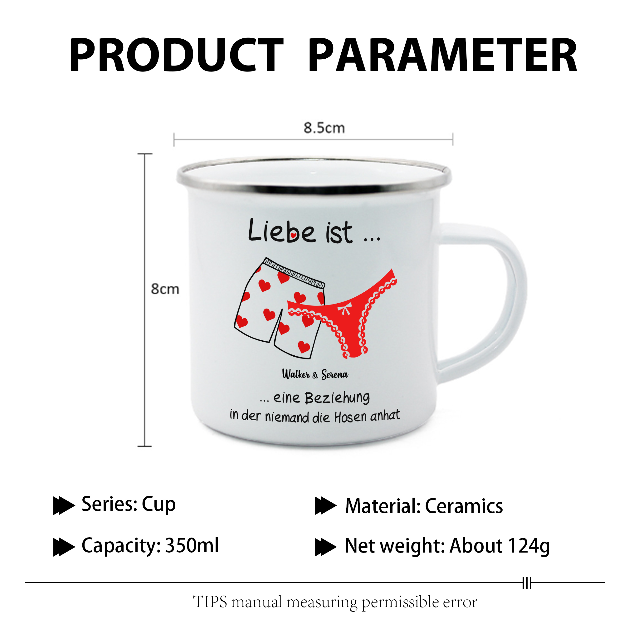 Emaille Tasse-Personalisierbare 2 Namen- Liebe ist eine Beziehung, in der niemand die Hosen anhat-Emaille Becher für Paare