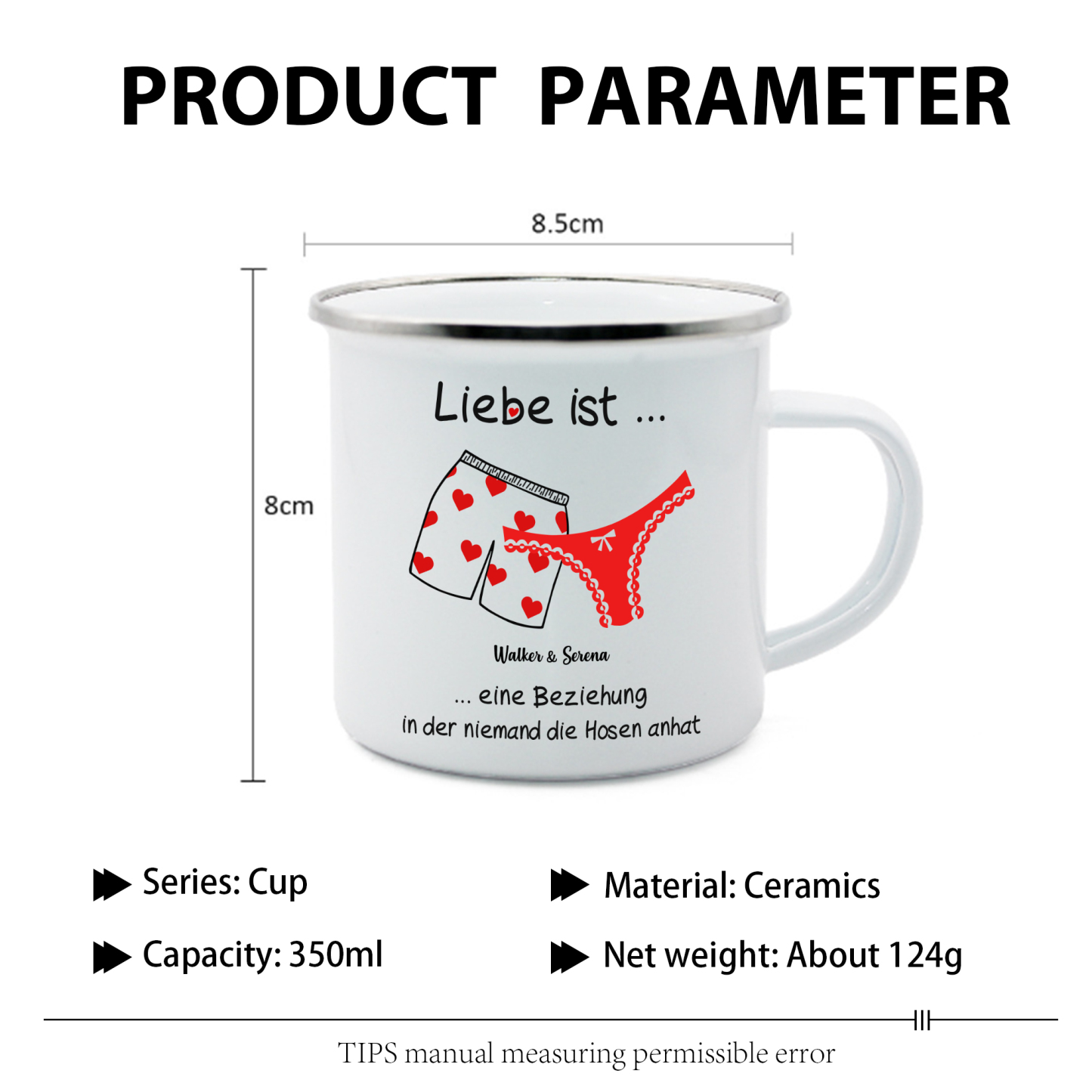 Emaille Tasse-Personalisierbare 2 Namen- Liebe ist eine Beziehung, in der niemand die Hosen anhat-Emaille Becher für Paare