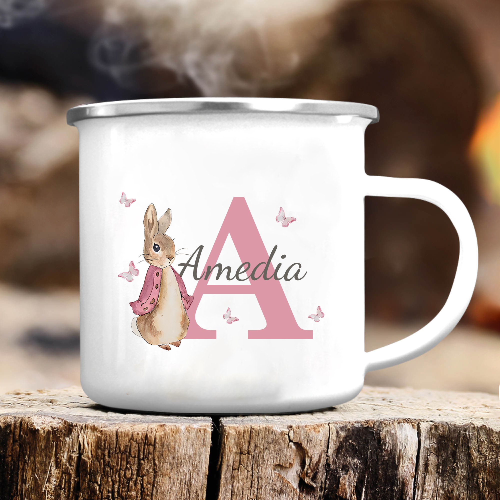 Emaille Tasse - Personalisierter Name & Buchstabe - Hase Ostern Becher