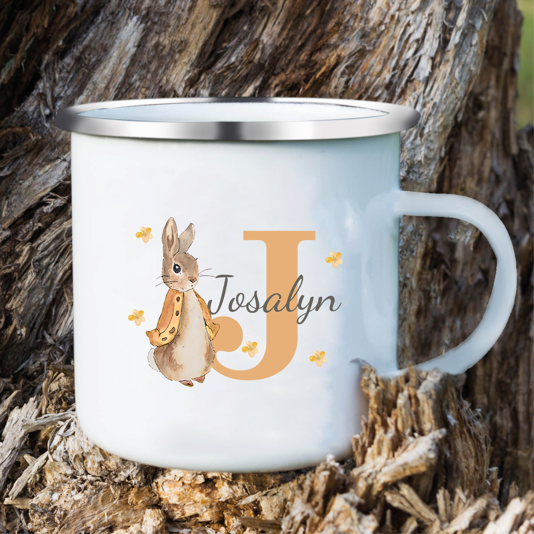 Emaille Tasse - Personalisierter Name & Buchstabe - Hase Ostern Becher