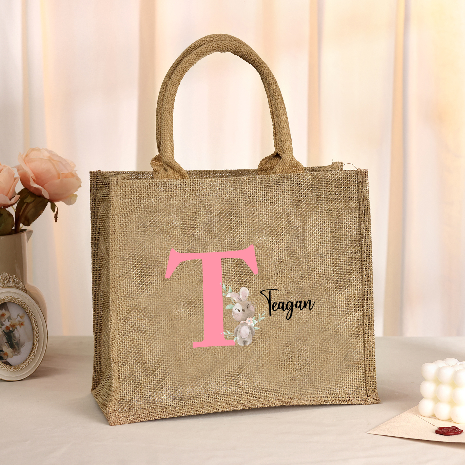 Personalisierbarer Name & Buchstabe Ostern Leinen Hase Tasche
