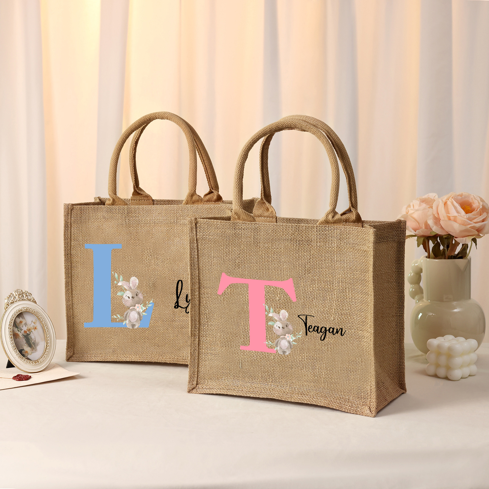Personalisierbarer Name & Buchstabe Ostern Leinen Hase Tasche