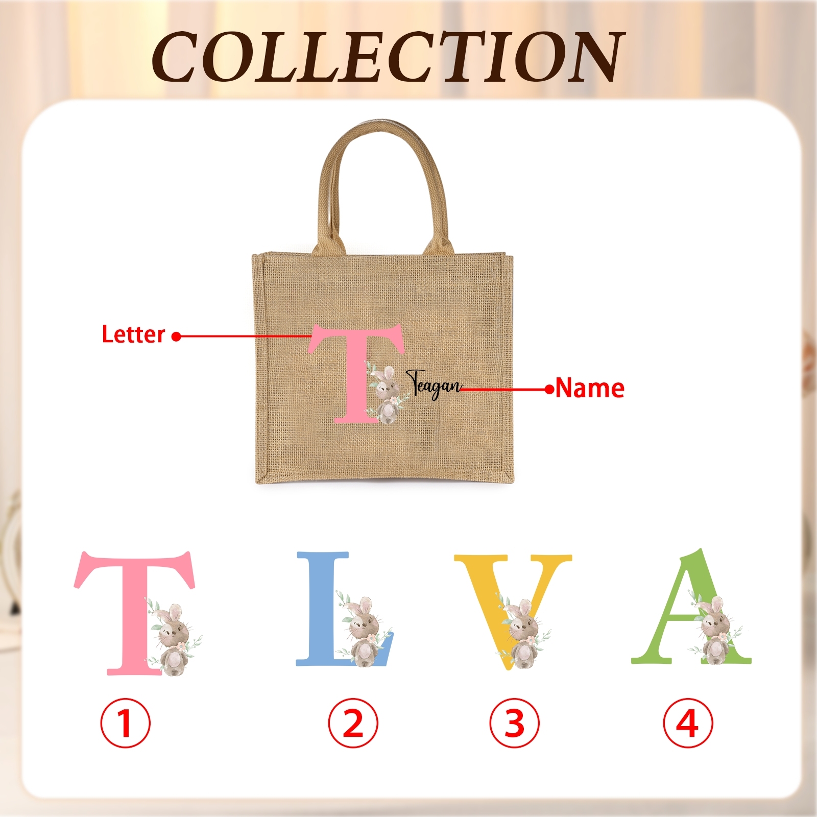 Personalisierbarer Name & Buchstabe Ostern Leinen Hase Tasche