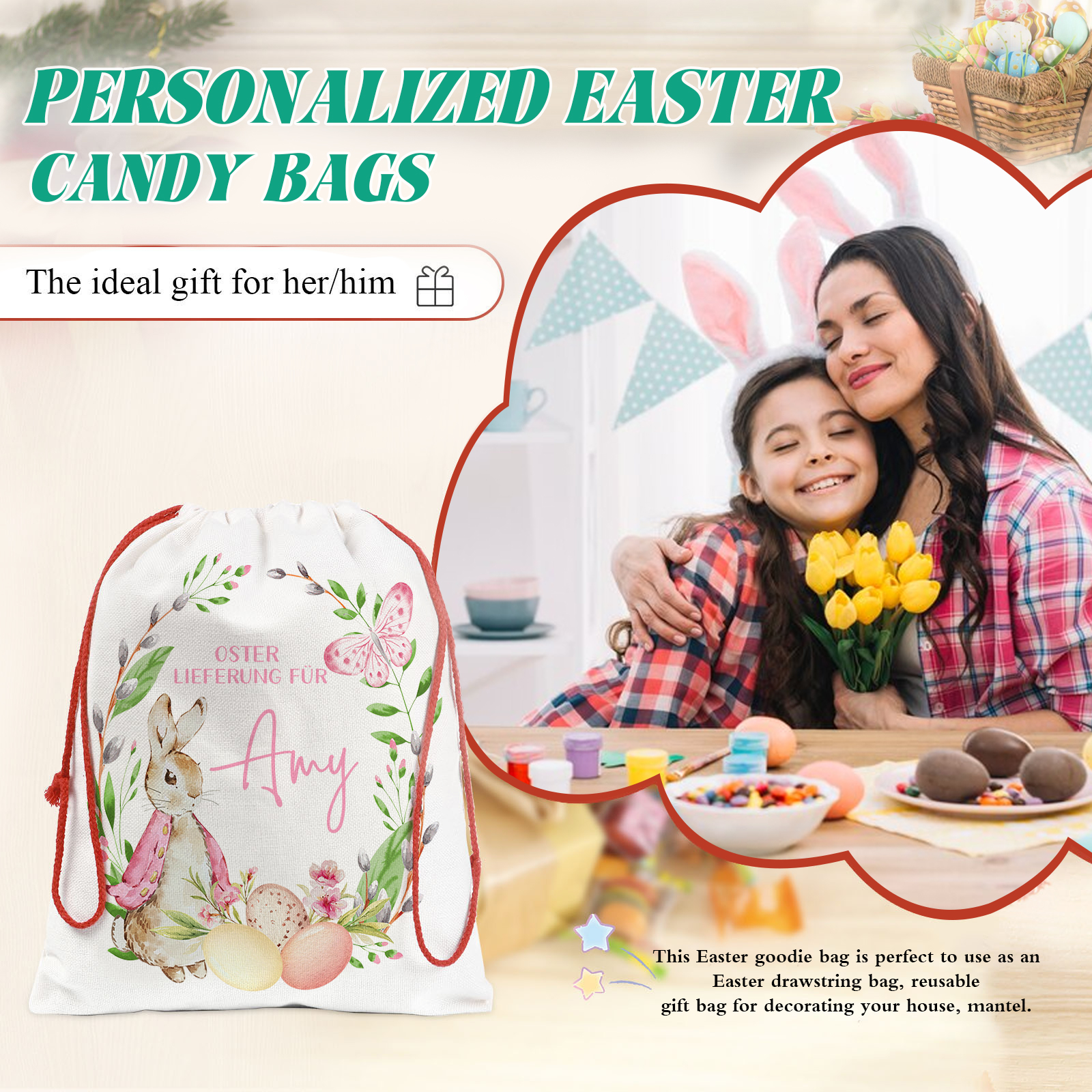 Personalisierbarer Name Ostern Leinen Hase Tasche-OSTERLIEFERUNG FÜR SIE