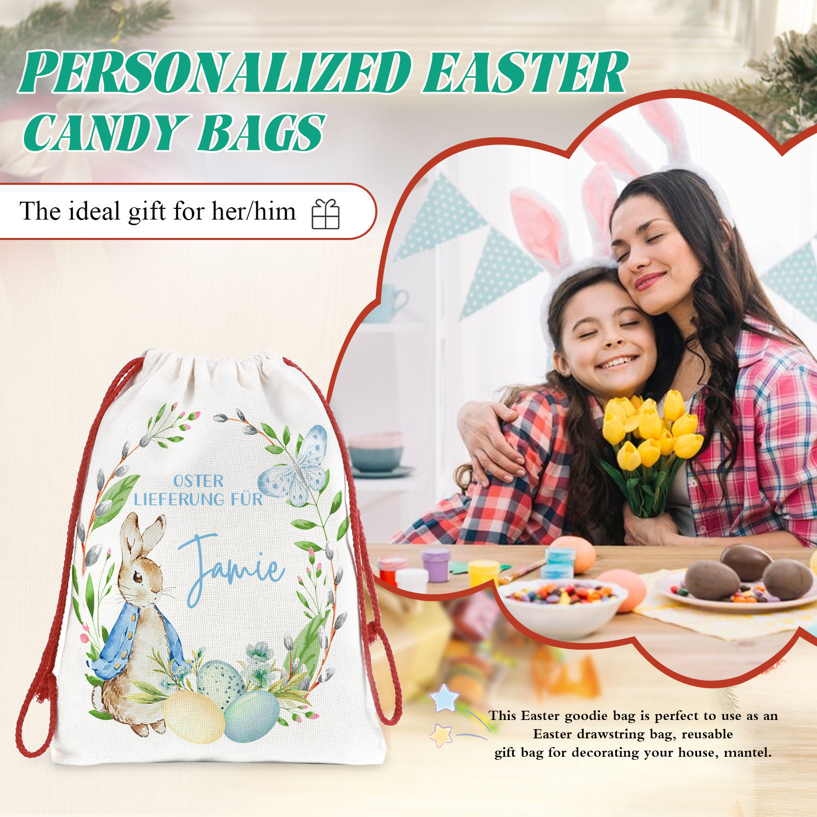 Personalisierbarer Name Ostern Leinen Hase Tasche-OSTERLIEFERUNG FÜR SIE