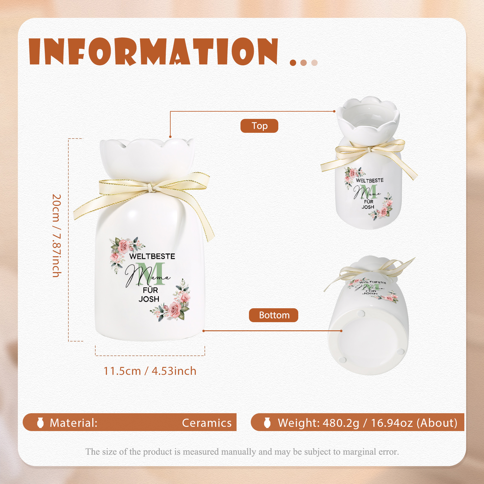 Personalisierte 1-6 Namen Blumen Gießvase mit Henkel Mama Vase-Weltbeste Mama für...-Pefektes Geschenk für MAMA