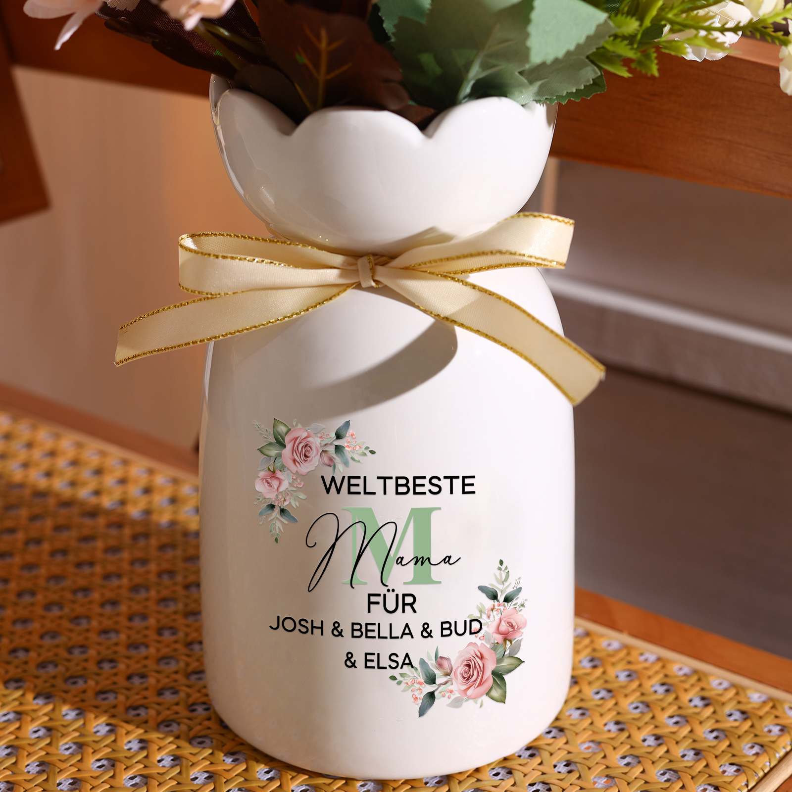 Personalisierte 1-6 Namen Blumen Gießvase mit Henkel Mama Vase-Weltbeste Mama für...-Pefektes Geschenk für MAMA