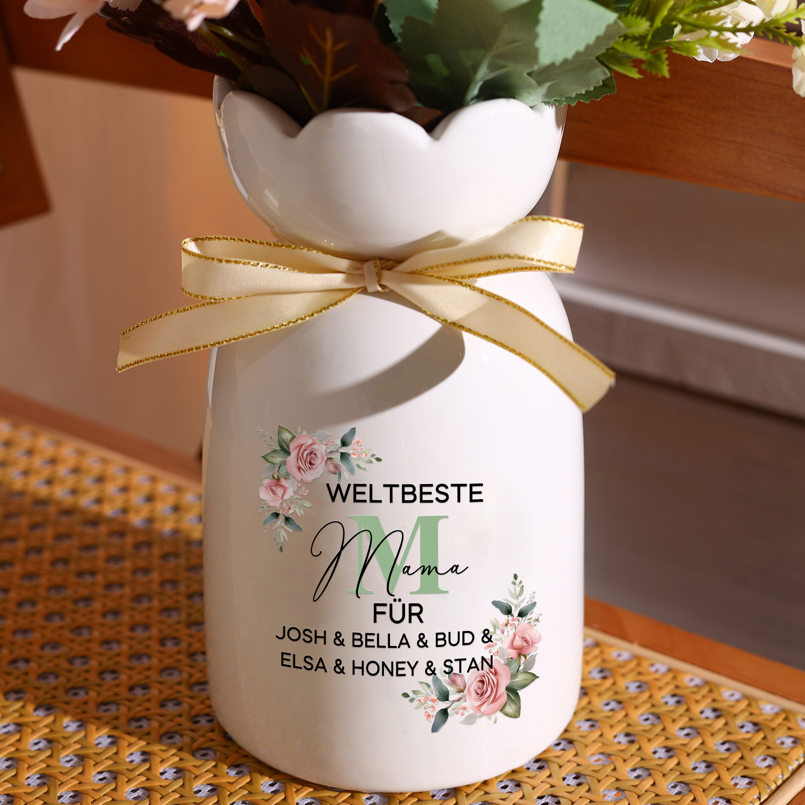 Personalisierte 1-6 Namen Blumen Gießvase mit Henkel Mama Vase-Weltbeste Mama für...-Pefektes Geschenk für MAMA