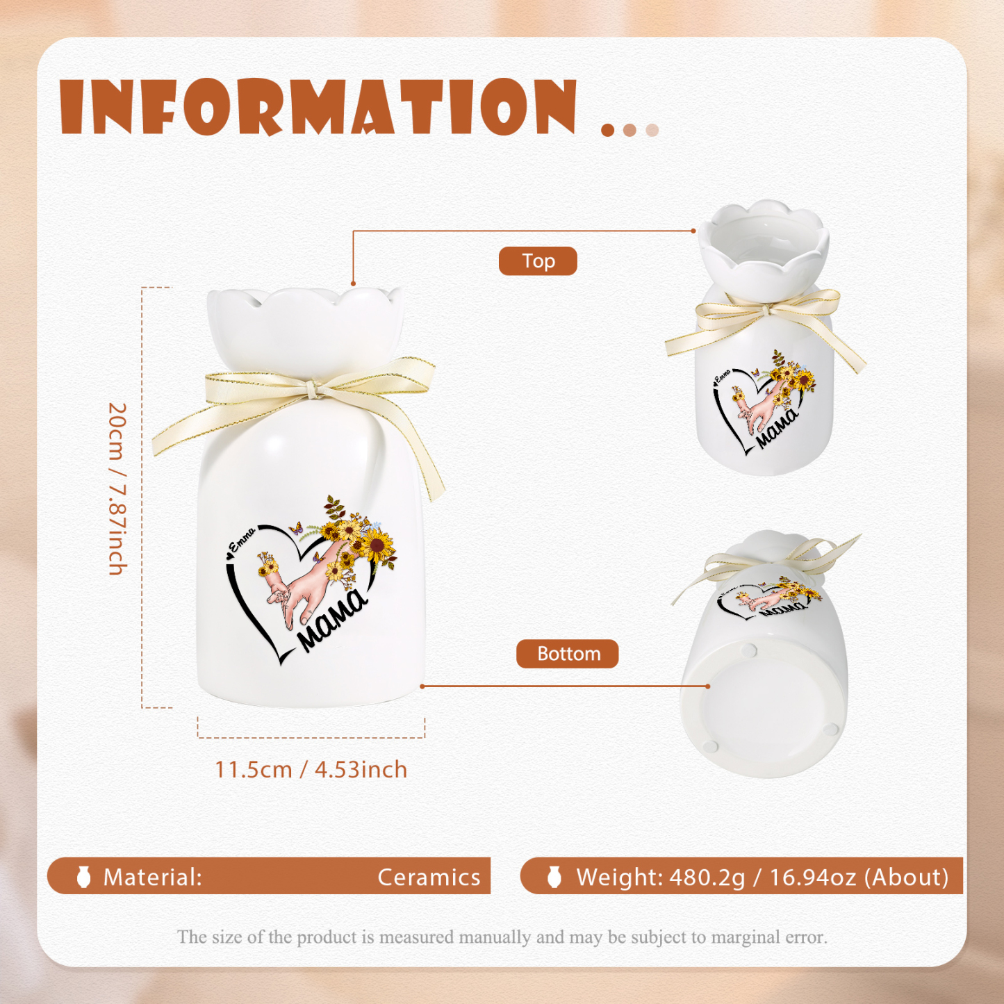 Personalisierte 1 Name-Hand in Hand-Blumen Gießvase mit Henkel Mama Vase