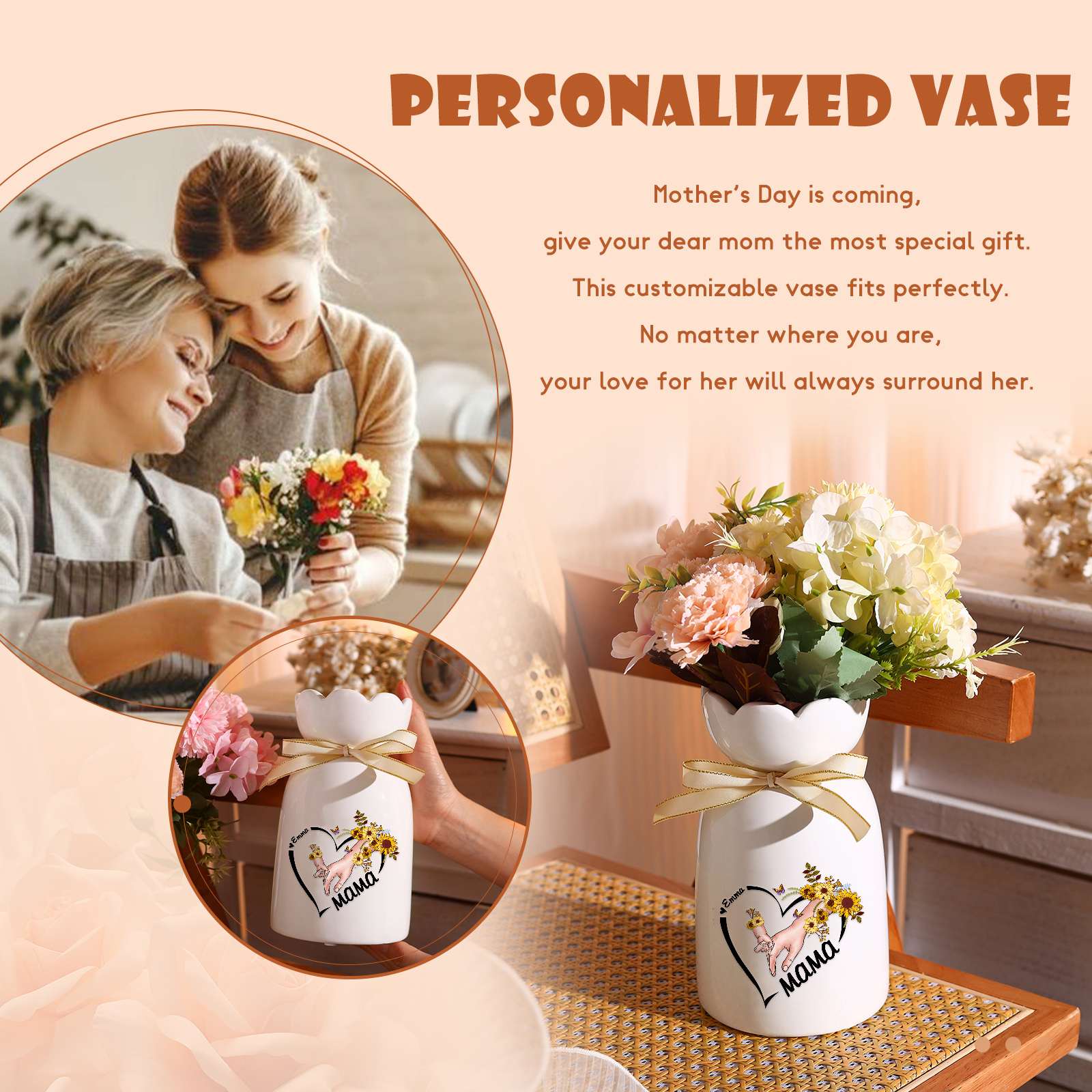 Personalisierte 1 Name-Hand in Hand-Blumen Gießvase mit Henkel Mama Vase