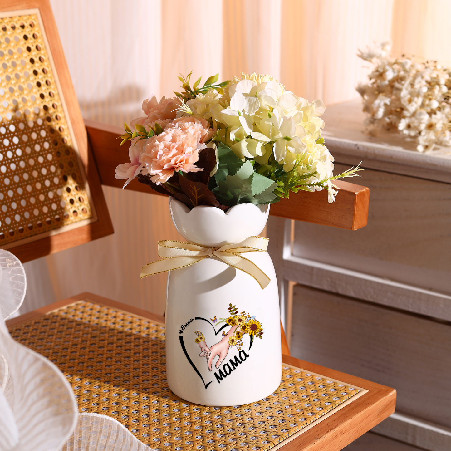 Personalisierte 1 Name-Hand in Hand-Blumen Gießvase mit Henkel Mama Vase