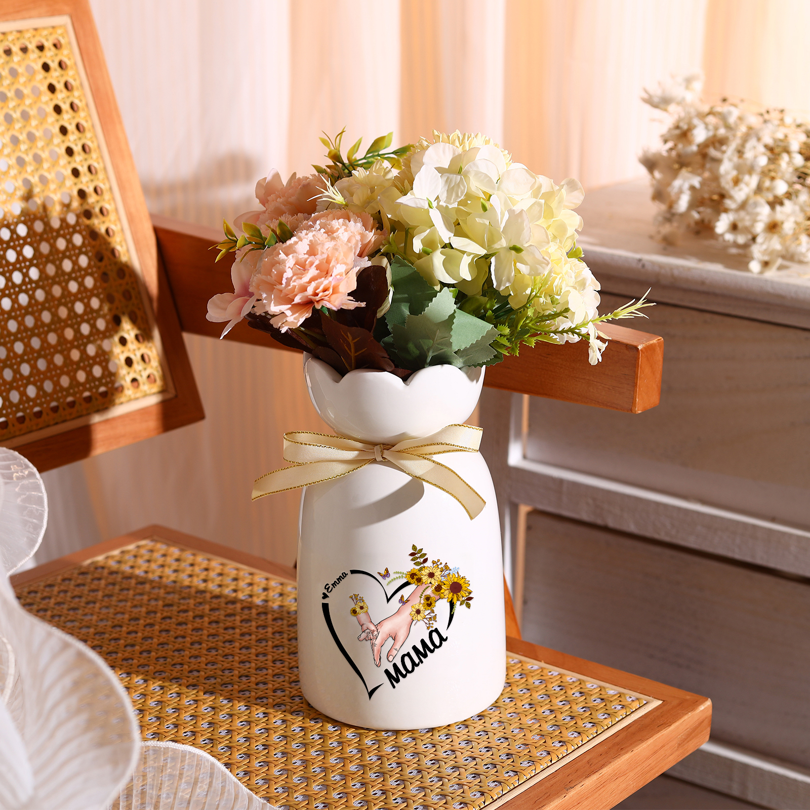 Personalisierte 1 Name-Hand in Hand-Blumen Gießvase mit Henkel Mama Vase