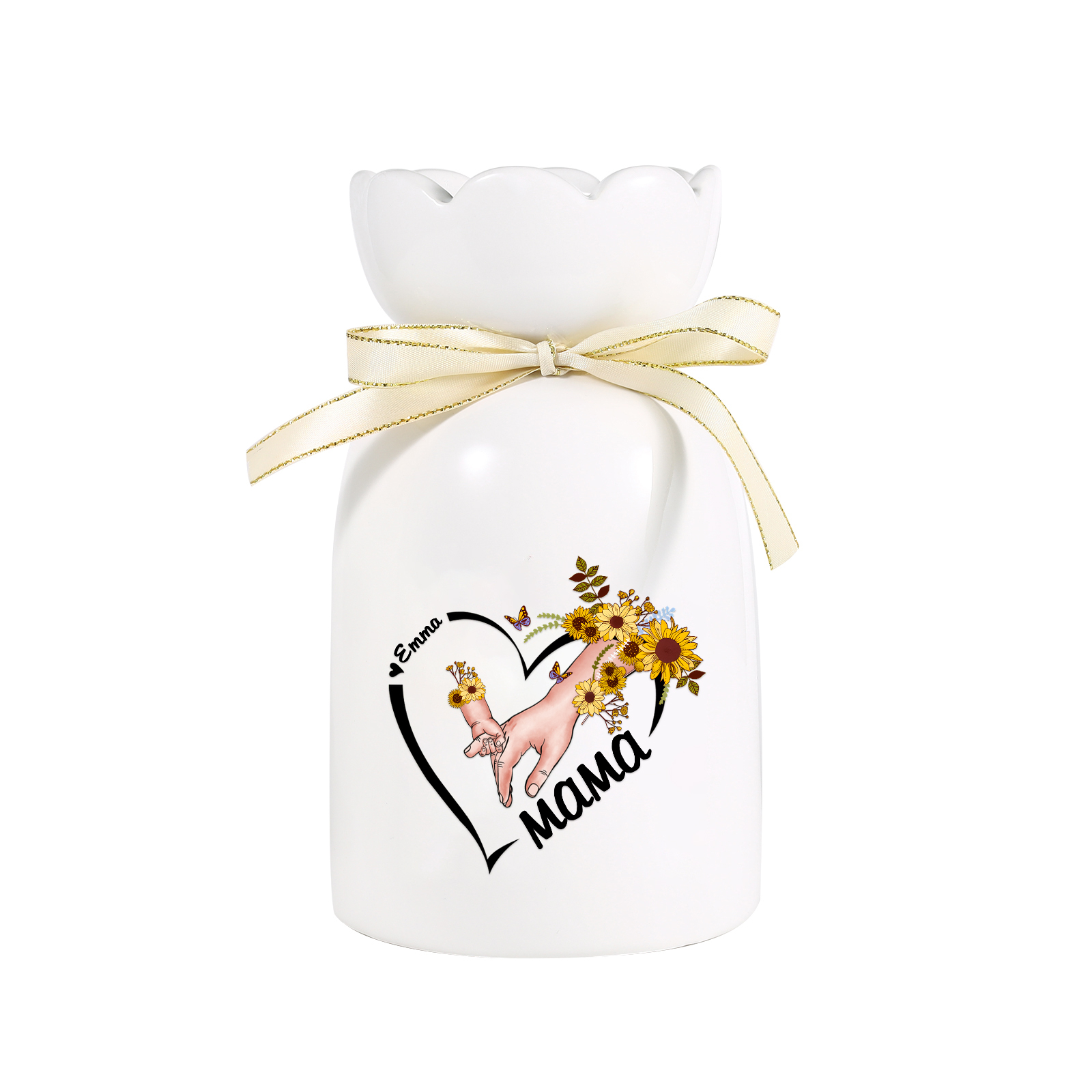 Personalisierte 1 Name-Hand in Hand-Blumen Gießvase mit Henkel Mama Vase