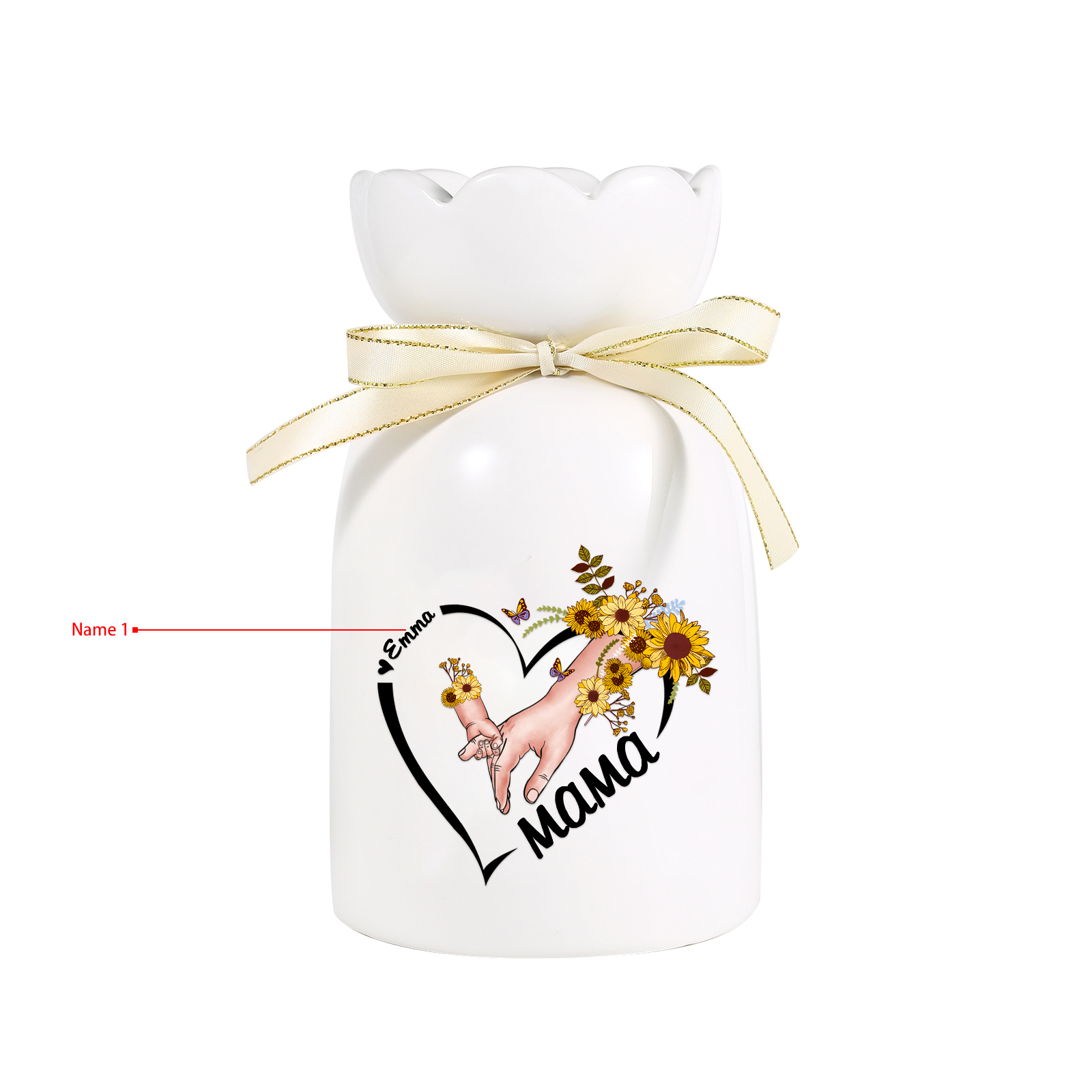 Personalisierte 1 Name-Hand in Hand-Blumen Gießvase mit Henkel Mama Vase