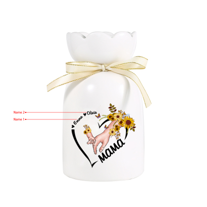 Personalisierte 2 Namen-Hand in Hand-Blumen Gießvase mit Henkel Mama Vase