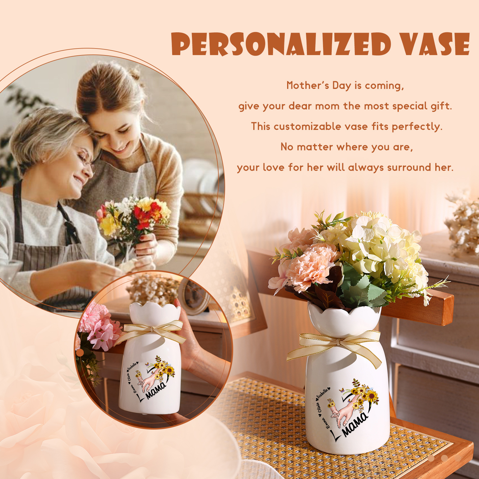 Personalisierte 3 Namen-Hand in Hand-Blumen Gießvase mit Henkel Mama Vase