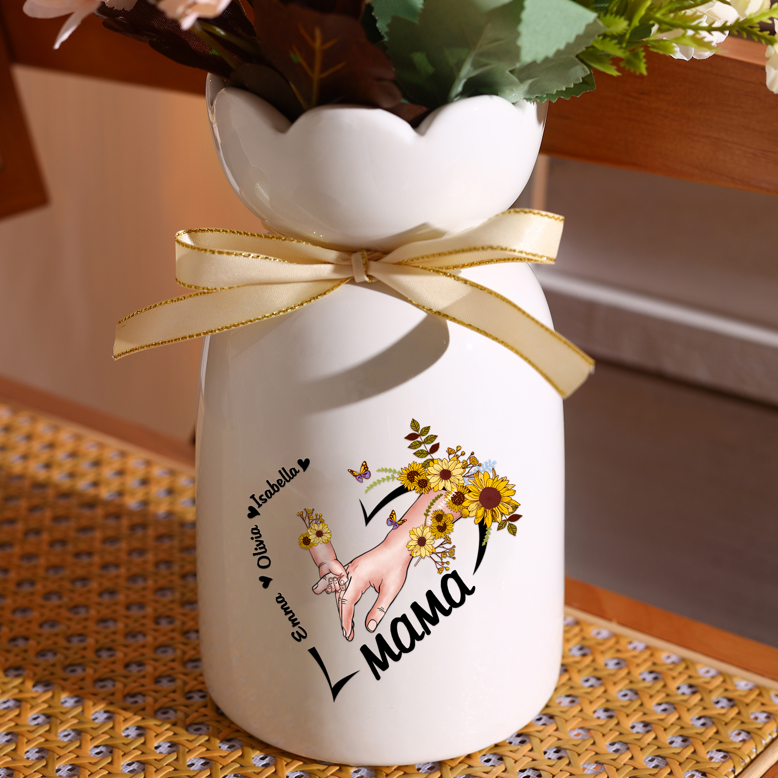 Personalisierte 3 Namen-Hand in Hand-Blumen Gießvase mit Henkel Mama Vase
