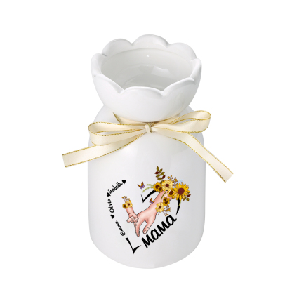 Personalisierte 3 Namen-Hand in Hand-Blumen Gießvase mit Henkel Mama Vase