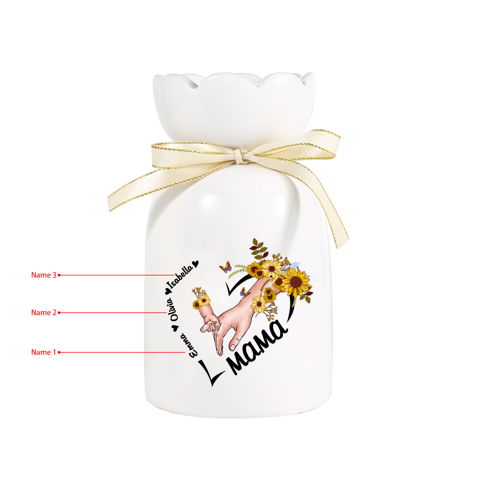 Personalisierte 3 Namen-Hand in Hand-Blumen Gießvase mit Henkel Mama Vase