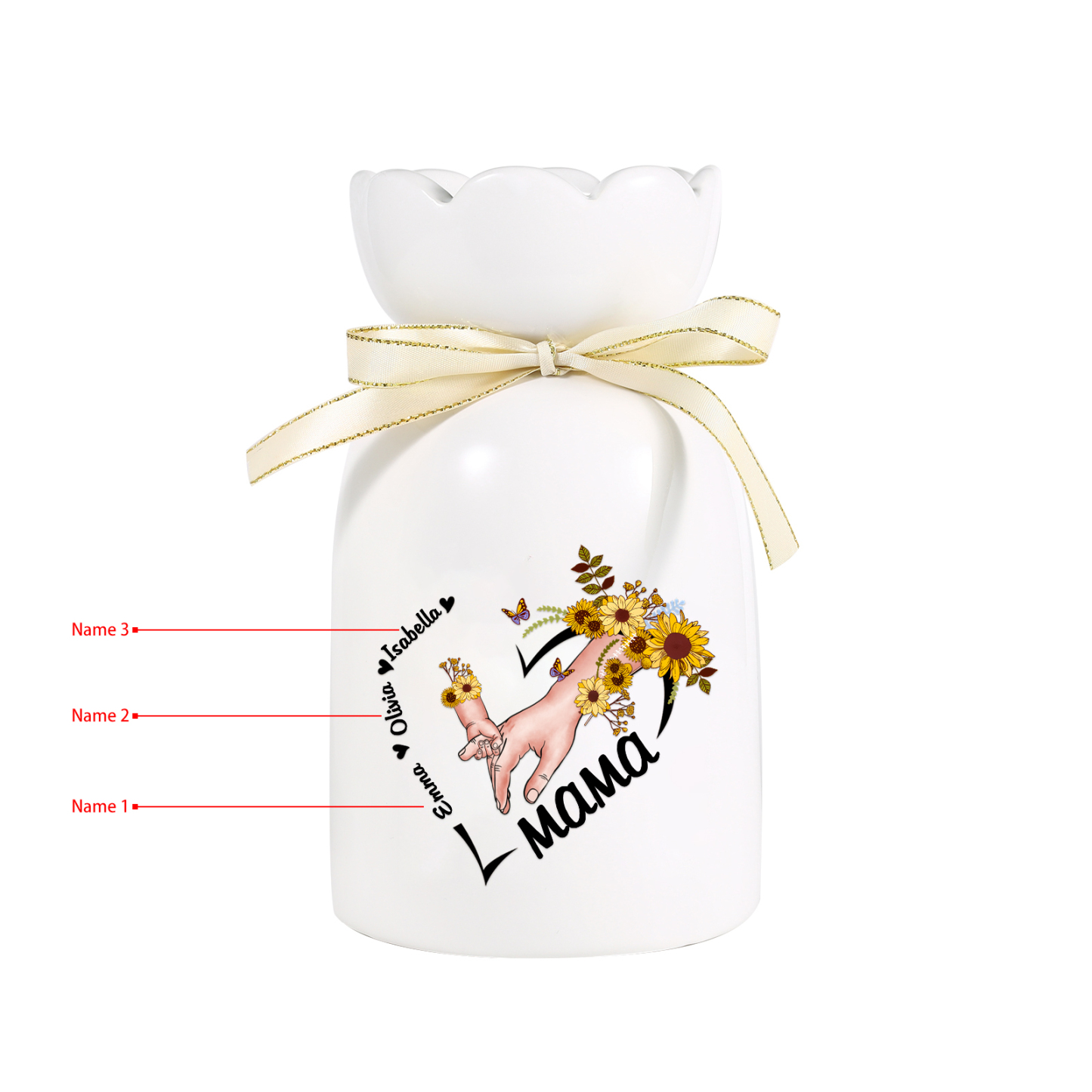 Personalisierte 3 Namen-Hand in Hand-Blumen Gießvase mit Henkel Mama Vase