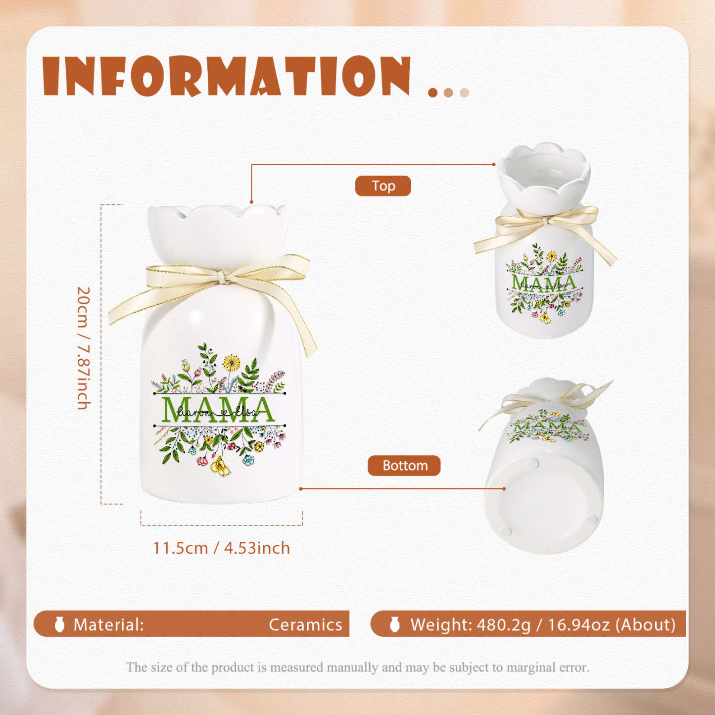 Personalisierte 2 Namen-Hand in Hand-Blumen Gießvase mit Henkel Mama Vase