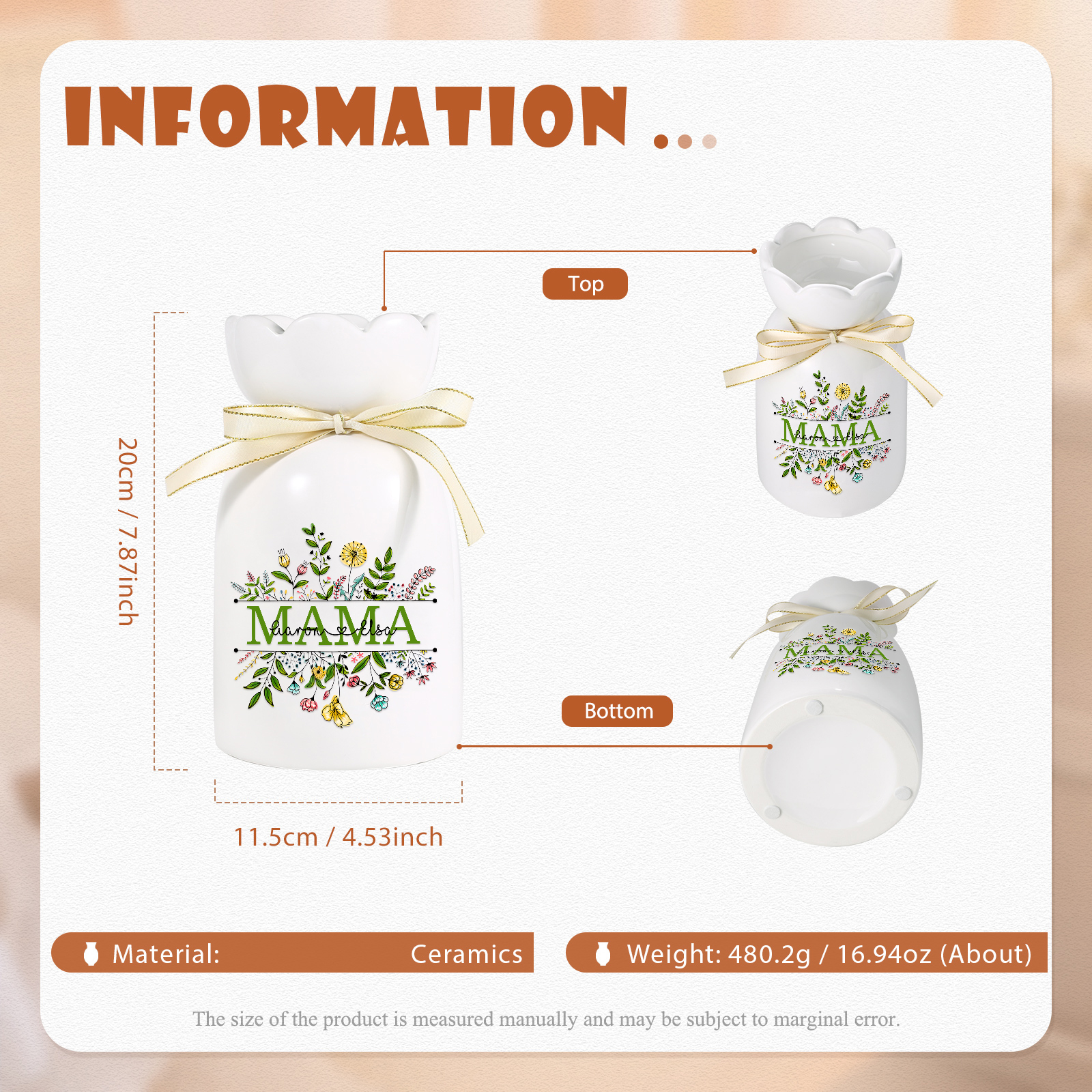 Personalisierte 2 Namen-Hand in Hand-Blumen Gießvase mit Henkel Mama Vase