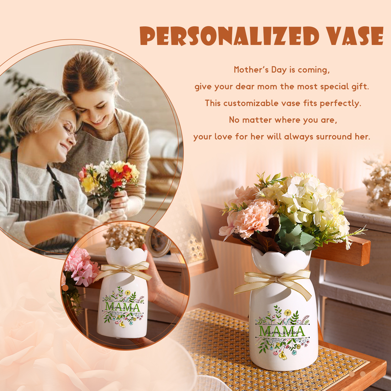 Personalisierte 2 Namen-Hand in Hand-Blumen Gießvase mit Henkel Mama Vase