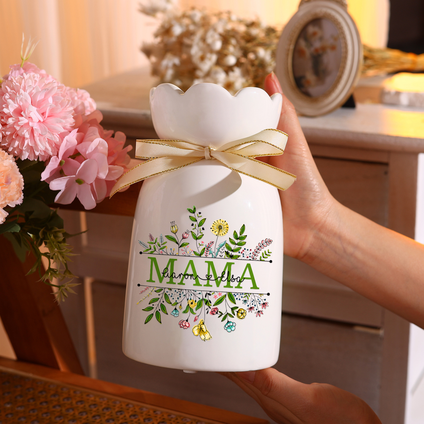 Personalisierte 2 Namen-Hand in Hand-Blumen Gießvase mit Henkel Mama Vase