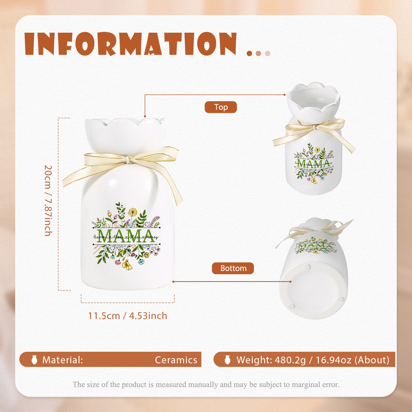 Personalisierte 4 Namen-MAMA Blumen Gießvase mit Henkel Mama Vase-Pefektes Geschenk für Mama 