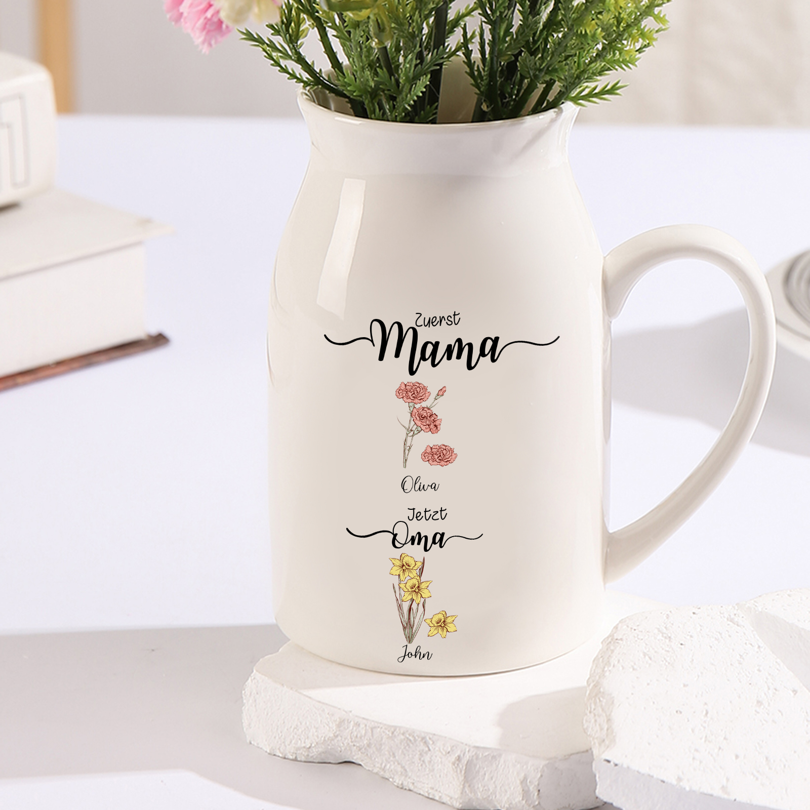 Personalisierte 2 Namen-Zuerst MAMA, Jetzt Oma Geburtsblumen Gießvase mit Henkel Mama Vase-Pefektes Geschenk für Mama /Oma