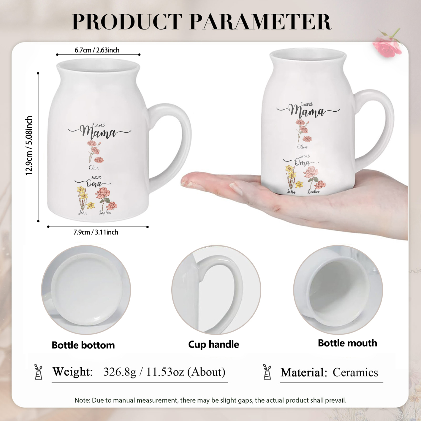 Personalisierte 3 Namen-Zuerst MAMA, Jetzt Oma Geburtsblumen Gießvase mit Henkel Mama Vase-Pefektes Geschenk für Mama /Oma