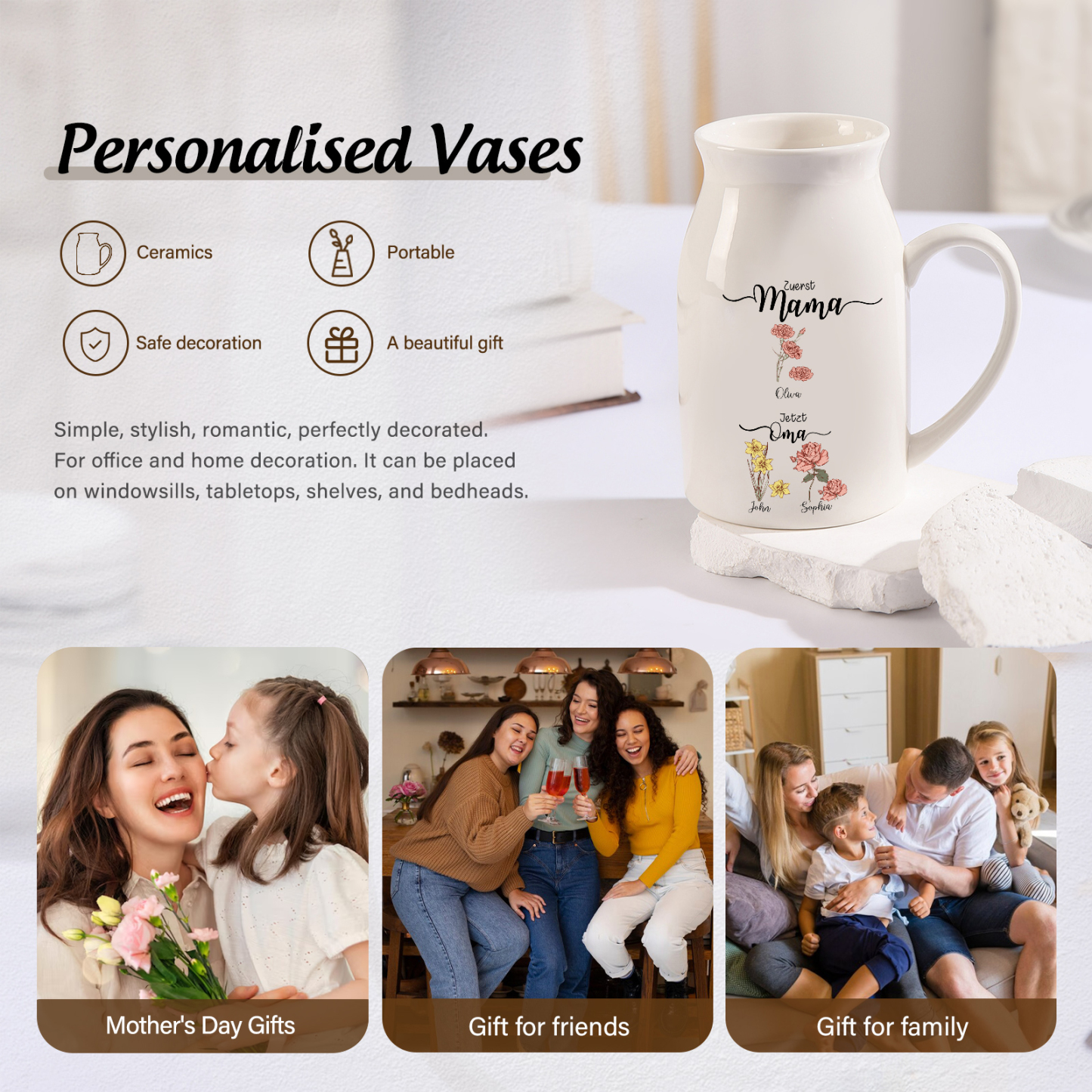 Personalisierte 3 Namen-Zuerst MAMA, Jetzt Oma Geburtsblumen Gießvase mit Henkel Mama Vase-Pefektes Geschenk für Mama /Oma