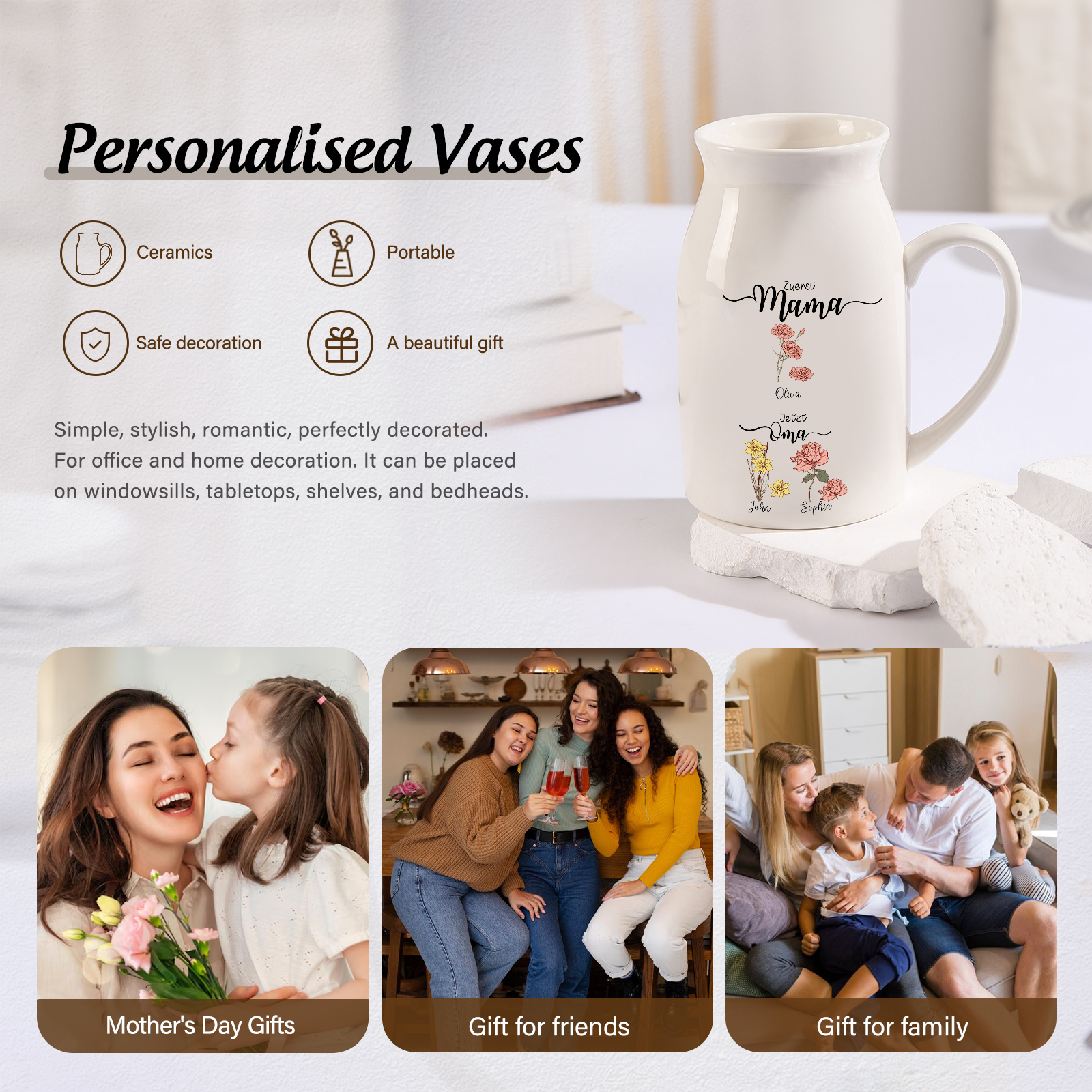 Personalisierte 3 Namen-Zuerst MAMA, Jetzt Oma Geburtsblumen Gießvase mit Henkel Mama Vase-Pefektes Geschenk für Mama /Oma