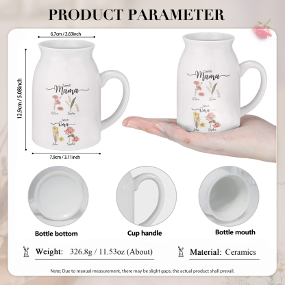 Personalisierte 4 Namen-Zuerst MAMA, Jetzt Oma Geburtsblumen Gießvase mit Henkel Mama Vase-Pefektes Geschenk für Mama /Oma