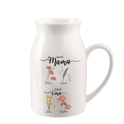 Personalisierte 4 Namen-Zuerst MAMA, Jetzt Oma Geburtsblumen Gießvase mit Henkel Mama Vase-Pefektes Geschenk für Mama /Oma